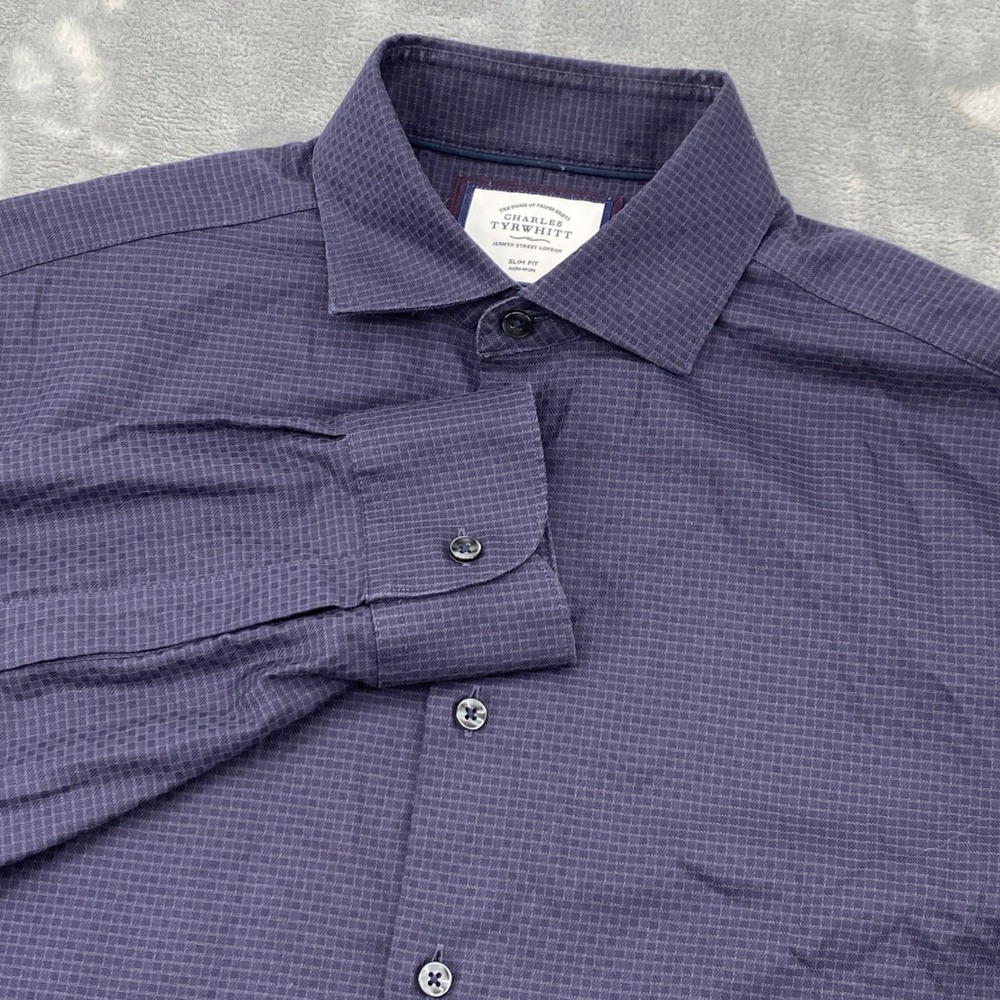 Charles Tyrwhitt Mens Slim Fit Non-Iron Purple Micro Grid Cotton Shirt 16/34